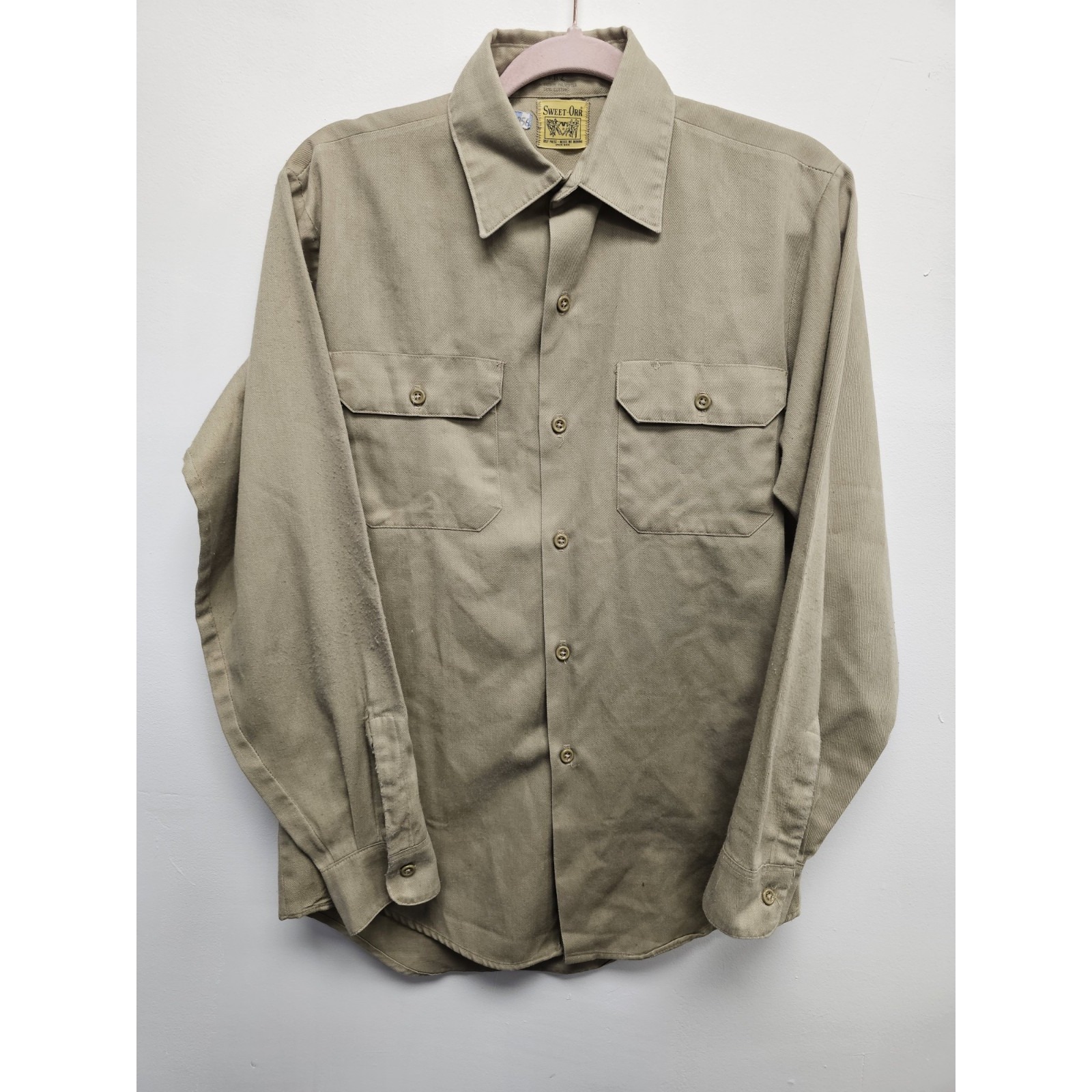 Vintage Sweet Orr Khaki Cotton Polyester Self Press Workwear Shirt 14 - 14 1/2